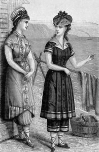 1878 illustration of women wearing bathing costumes of dresses over trousers