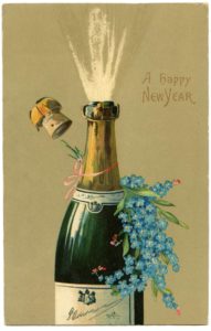 1910 illustration of a bottle of Champagne with the caption A Happy New Year