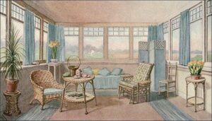 Magazine illustration of a sunroom/sleeping porch.