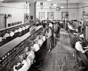 Photo of room of switchboard operators.