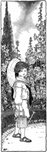 1920s illustration of a boy in a garden.