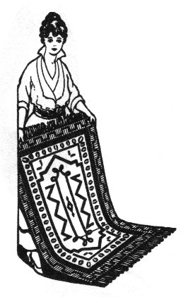 Woman holding rug.