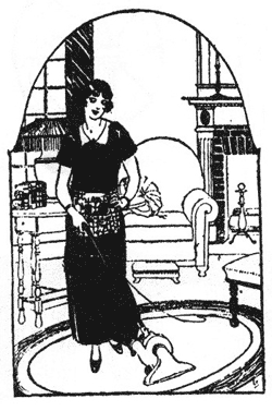 Vintage illustration of woman vacuuming.