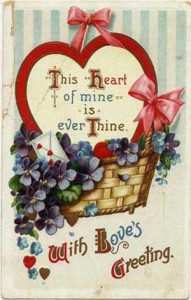 Valentine with basket of flowers.