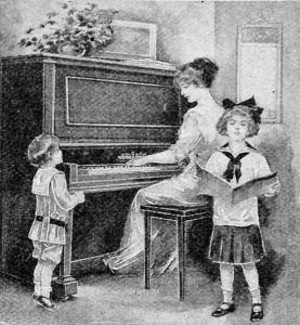 Illustration of mother and children at piano.