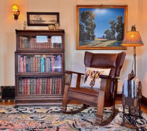 Bookshelf and rocking chair.