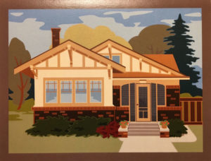 Notecard with bungalow illustration.
