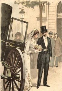 Illustration of bride and groom by carriage.