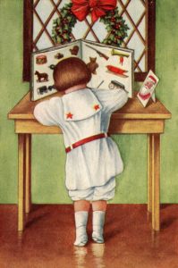 Illustration of boy standing at a desk and writing a letter
