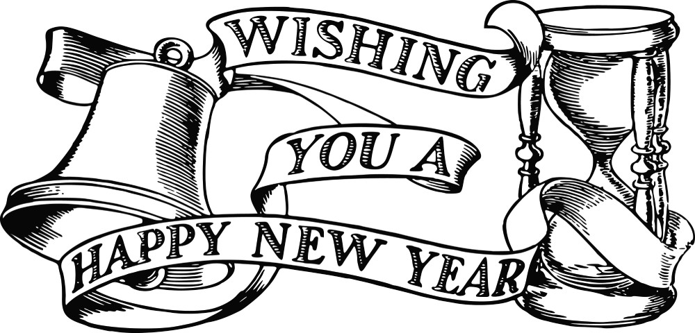 Illustration of a bell an hourglass with a banner reading "Wishing you a Happy New Year"