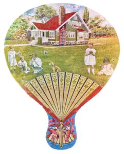 Fan printed with a bungalow scene.