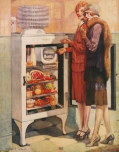 Vintage ad showing two women standing by an open refrigerator