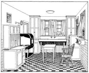 Illustration of bungalow kitchen with checkerboard floor