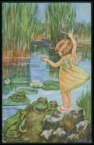 Vintage illustration of little girl and singing frogs.