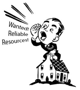 Vintage illustration of a man sitting on a house and yelling 'Wanted! Reliable Resources!'