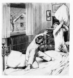 Vintage illustration of boys having a pillow fight.