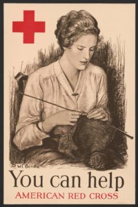 Red Cross poster of a woman knitting with caption "You can help"
