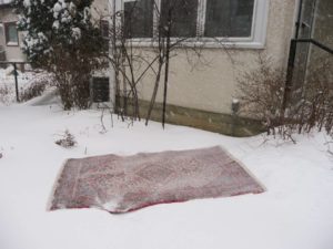 rug lying in snow outside a house