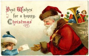 Postcard of a little girl handing a letter to Santa.