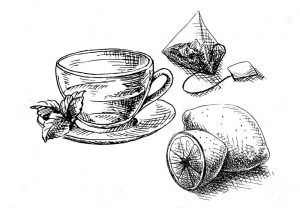 Illustration of tea bag and cup of tea.