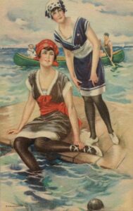 Vintage illustration of two women in swimwear on the beach.