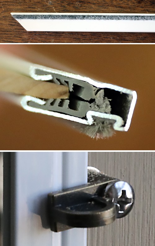 A metal rail, photo of inside the rail, and a metal clip