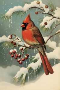 Red cardinal sitting on a snow-covered branch with red berries.