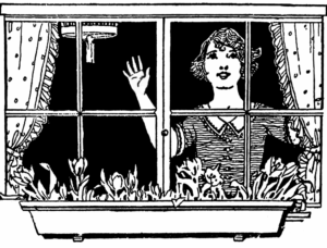 Vintage illustration of a woman waving at a window.