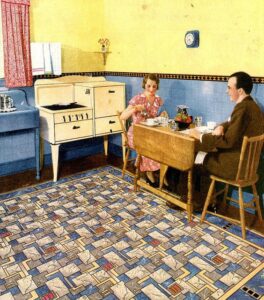 Ad for a linoleum kitchen rug, showing a man and a woman seated at a kitchen table with a graphic rug on the floor.