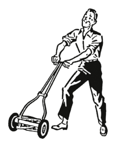 Illustration of man mowing the lawn with a reel pushmower