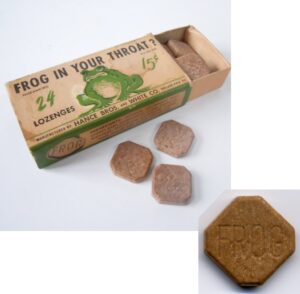 Frog lozenge box and lozenges.