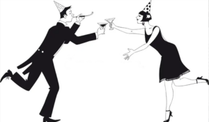 A man and woman dancing and toasting.