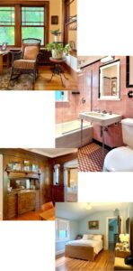 Bungalow interiors: sun porch, pink bathroom, dining room, and bedroom.