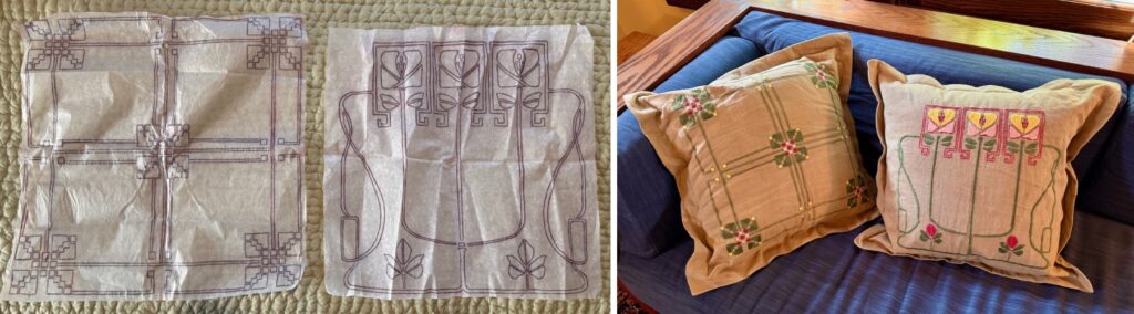 Paper patterns and the finished pillows.