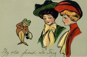 Postcard of frog and two women.