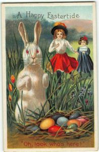 Easter postcard of bunny, eggs in nest, children. 